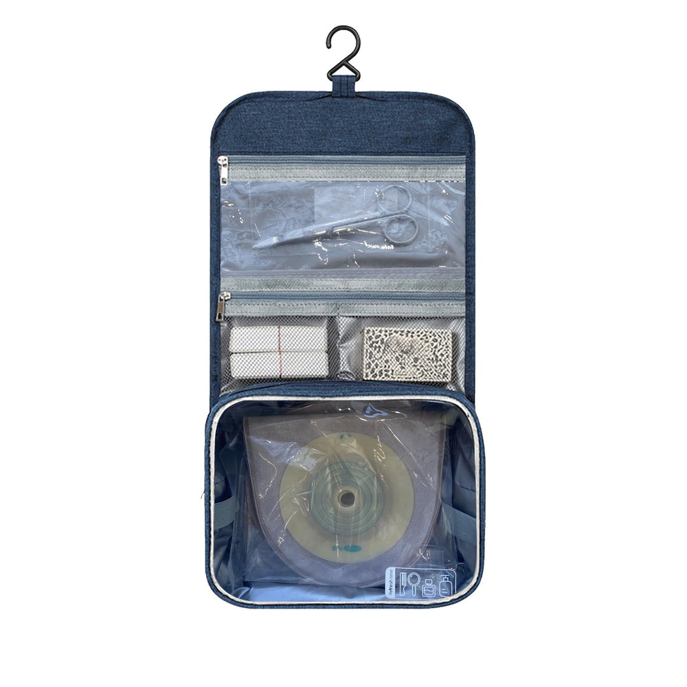 Ostomy travel bag Navy with hanging design keeps essential supplies accessible