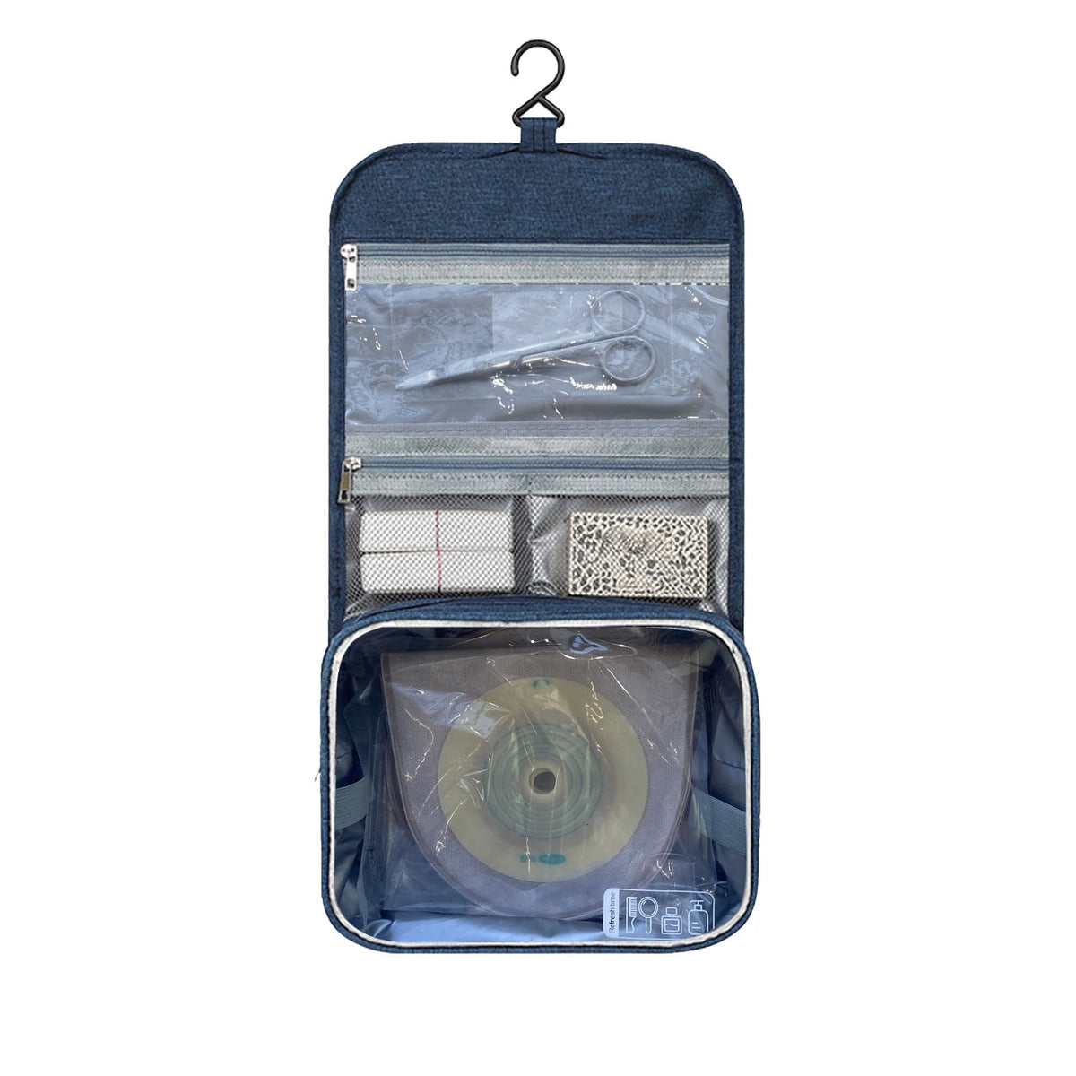 Ostomy travel bag Navy with hanging design keeps essential supplies accessible