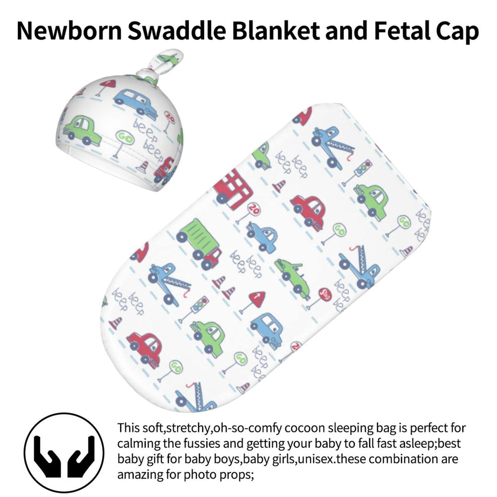 Baby wearing the Osvbs car theme swaddle for calm rest.