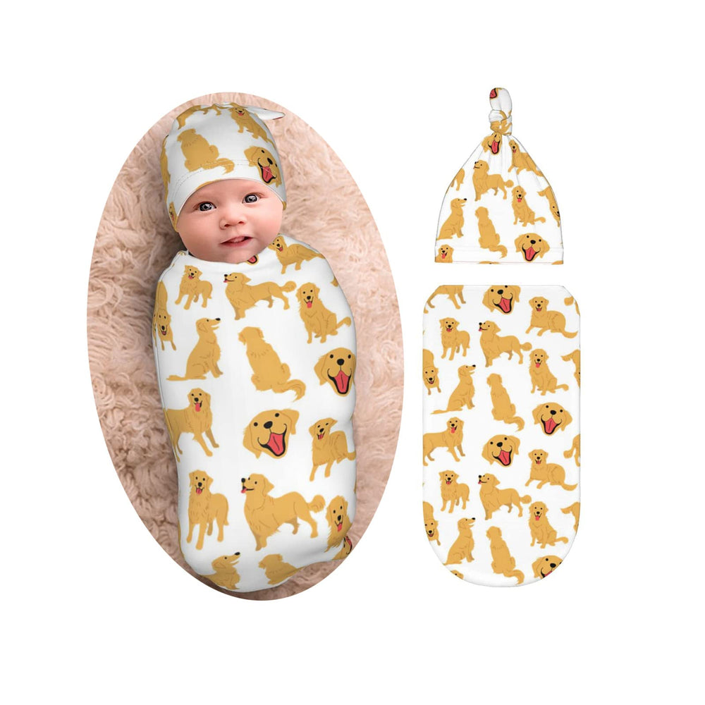Osvbs Golden Retriever swaddle set shown in cozy newborn setup with soft blanket and hat