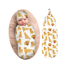 Osvbs Golden Retriever swaddle set shown in cozy newborn setup with soft blanket and hat