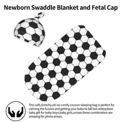 Osvbs newborn hat in soccer print complements the swaddle for a coordinated look.