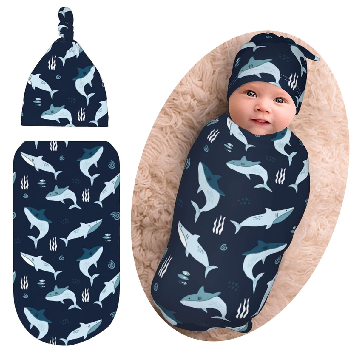 Osvbs Sharks Ocean newborn swaddle blanket for snug comfort during sleep.