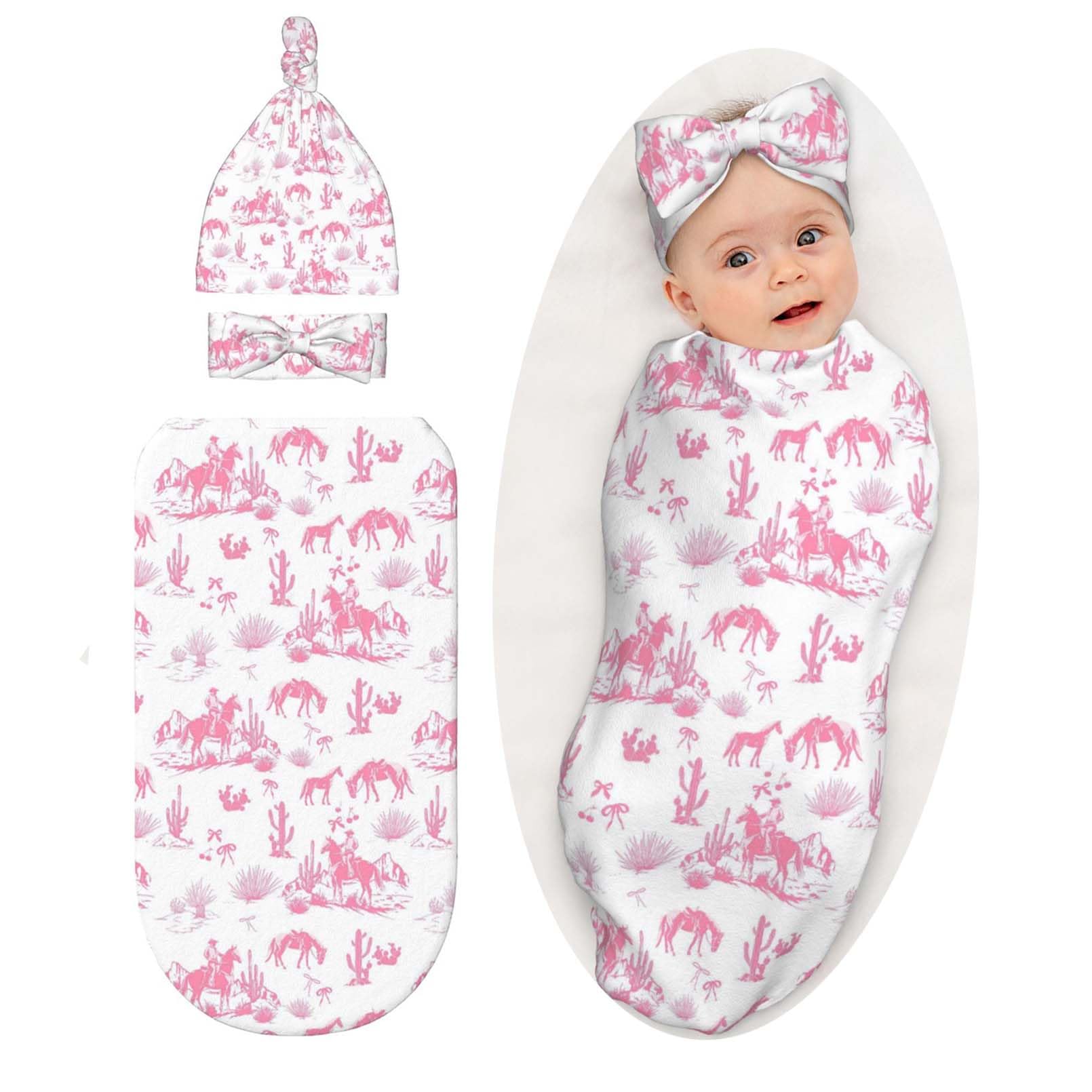 Osvbs Western Cowboy Cactus Pink swaddle blanket shown as a cozy newborn wrap