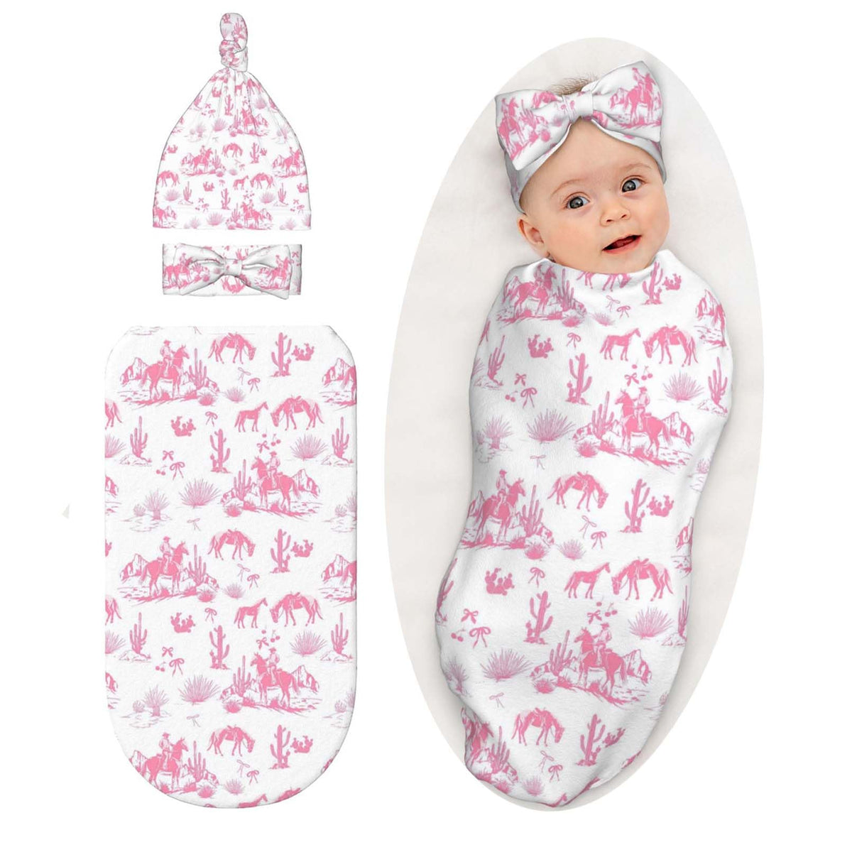 Osvbs Western Cowboy Cactus Pink swaddle blanket shown as a cozy newborn wrap