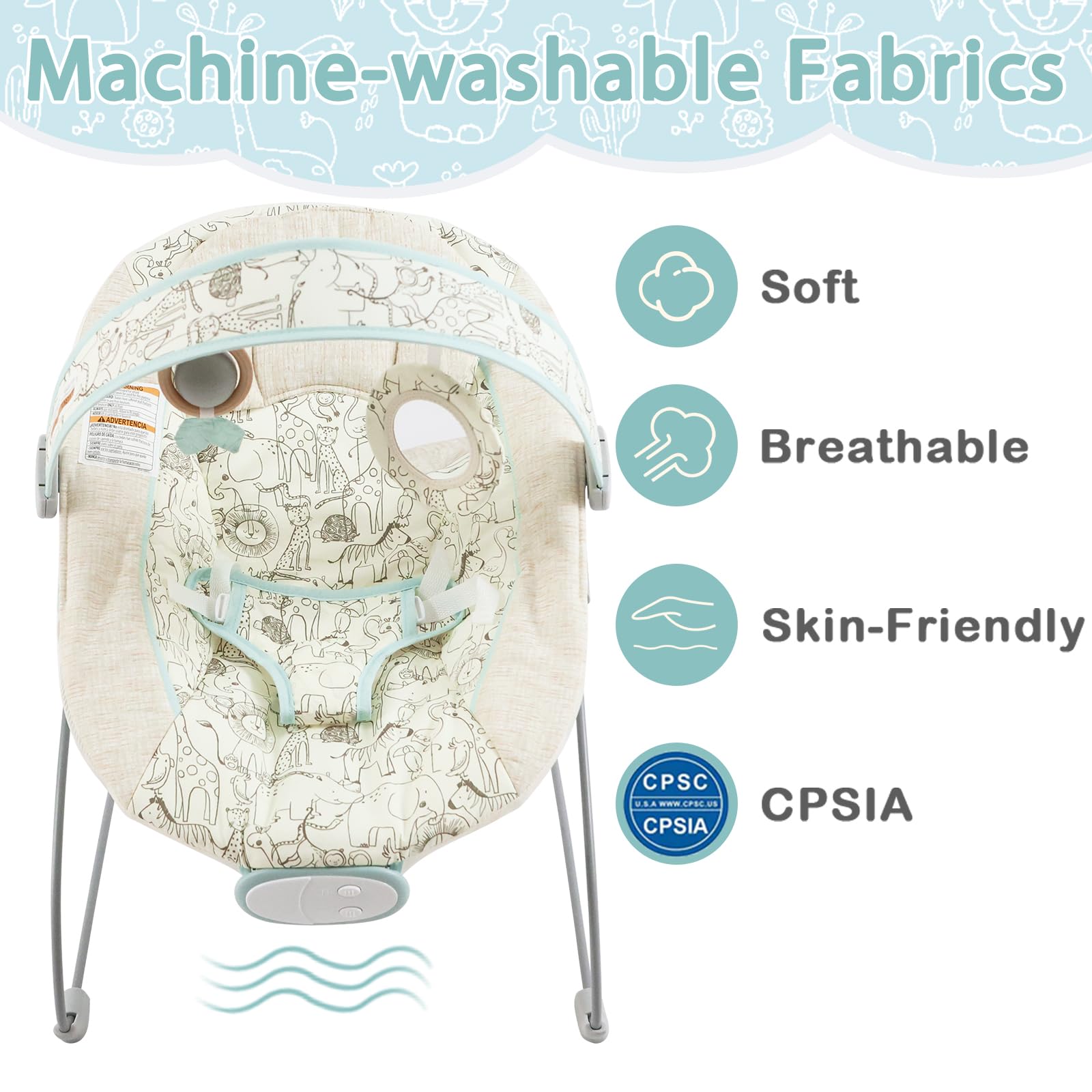 Otrolepota bouncer seat cover detail showing soft machine washable fabric
