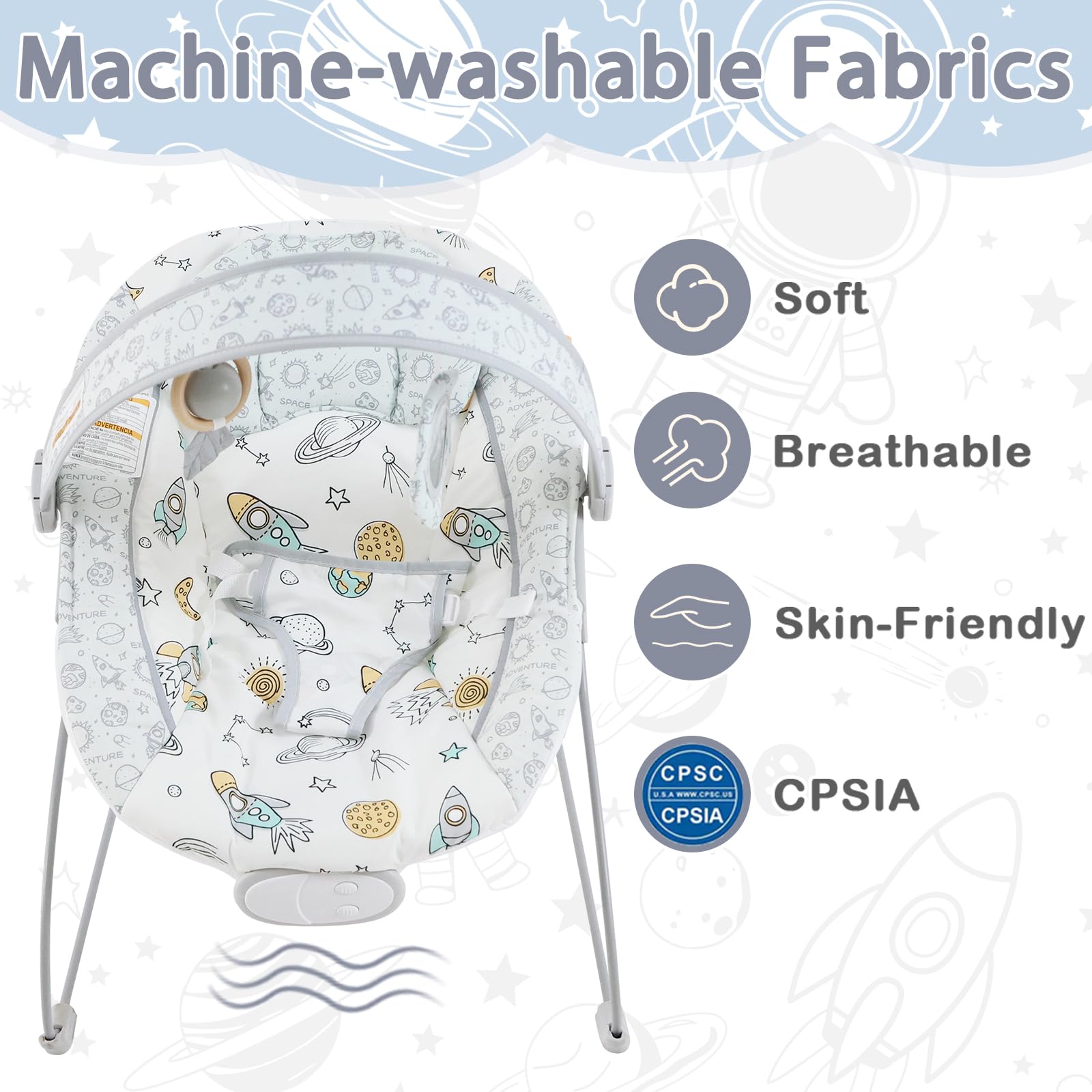 Otrolepota bouncer seat cover close-up showing machine-washable fabric.