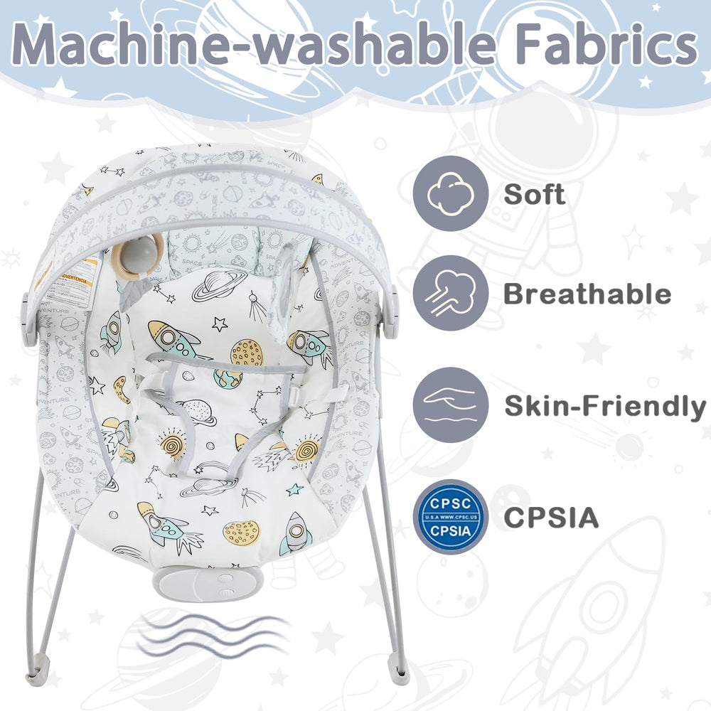 Otrolepota bouncer seat cover close-up showing machine-washable fabric.