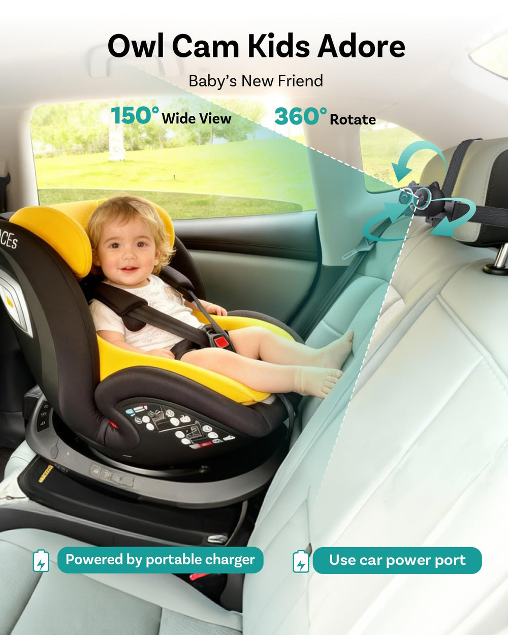OTTOCAST wide-angle 150° view covers both seats during rides