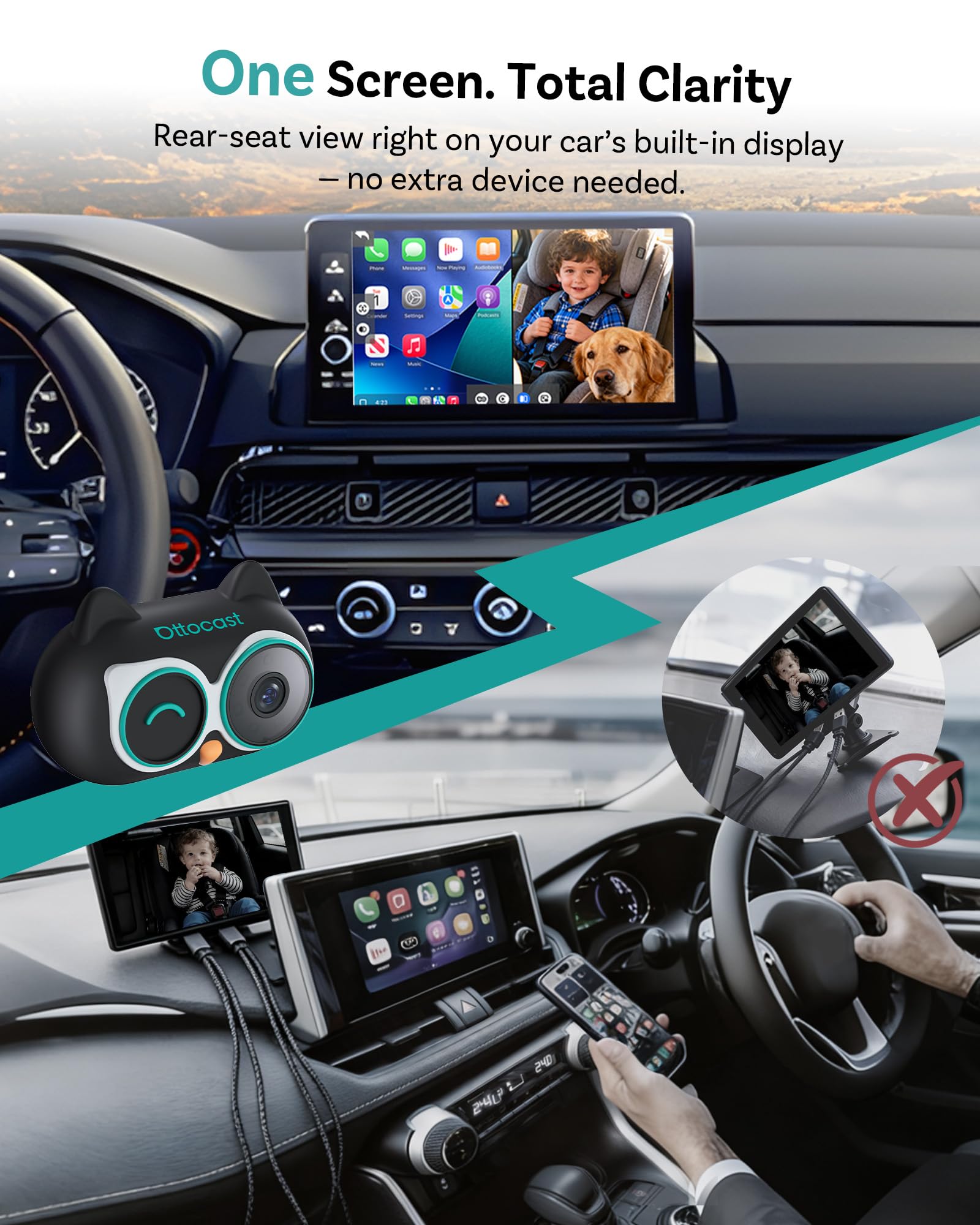 OTTOCAST wireless CarPlay keeps controls accessible while watching the back seat