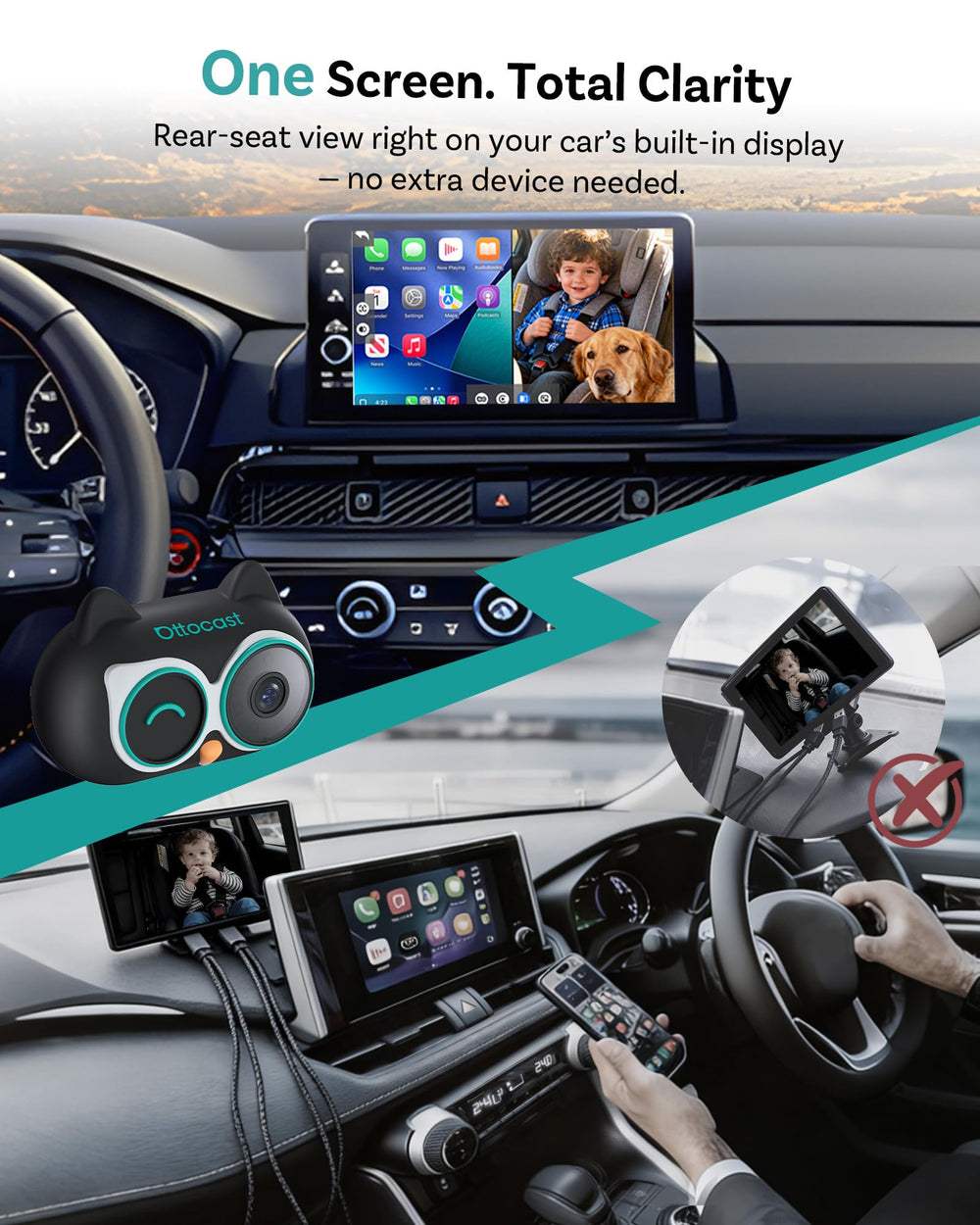 OTTOCAST wireless CarPlay keeps controls accessible while watching the back seat