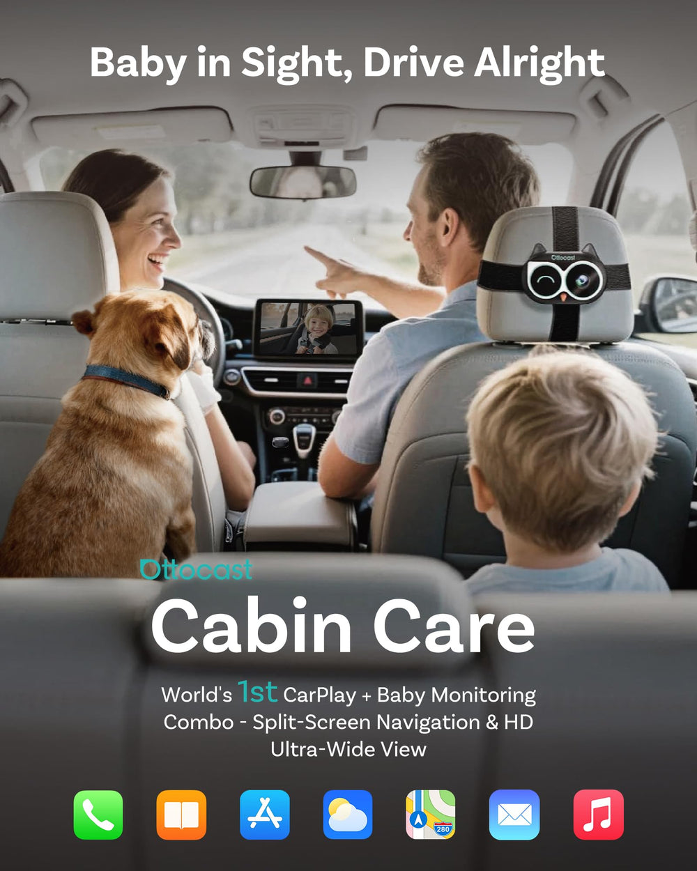 OTTOCAST Cabin Care Adapter split-screen view for navigation and baby feed