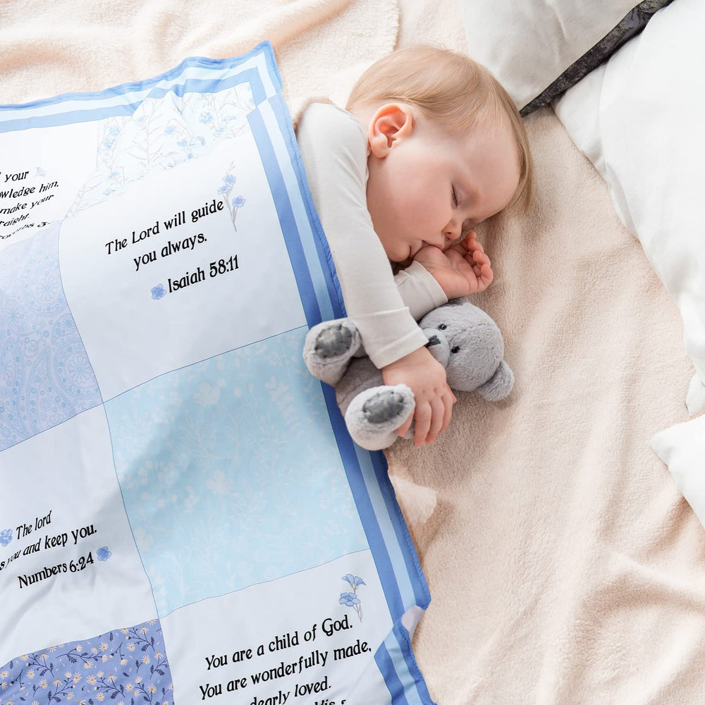 Oudain baptism baby blanket in blue, fits cribs and toddler beds.