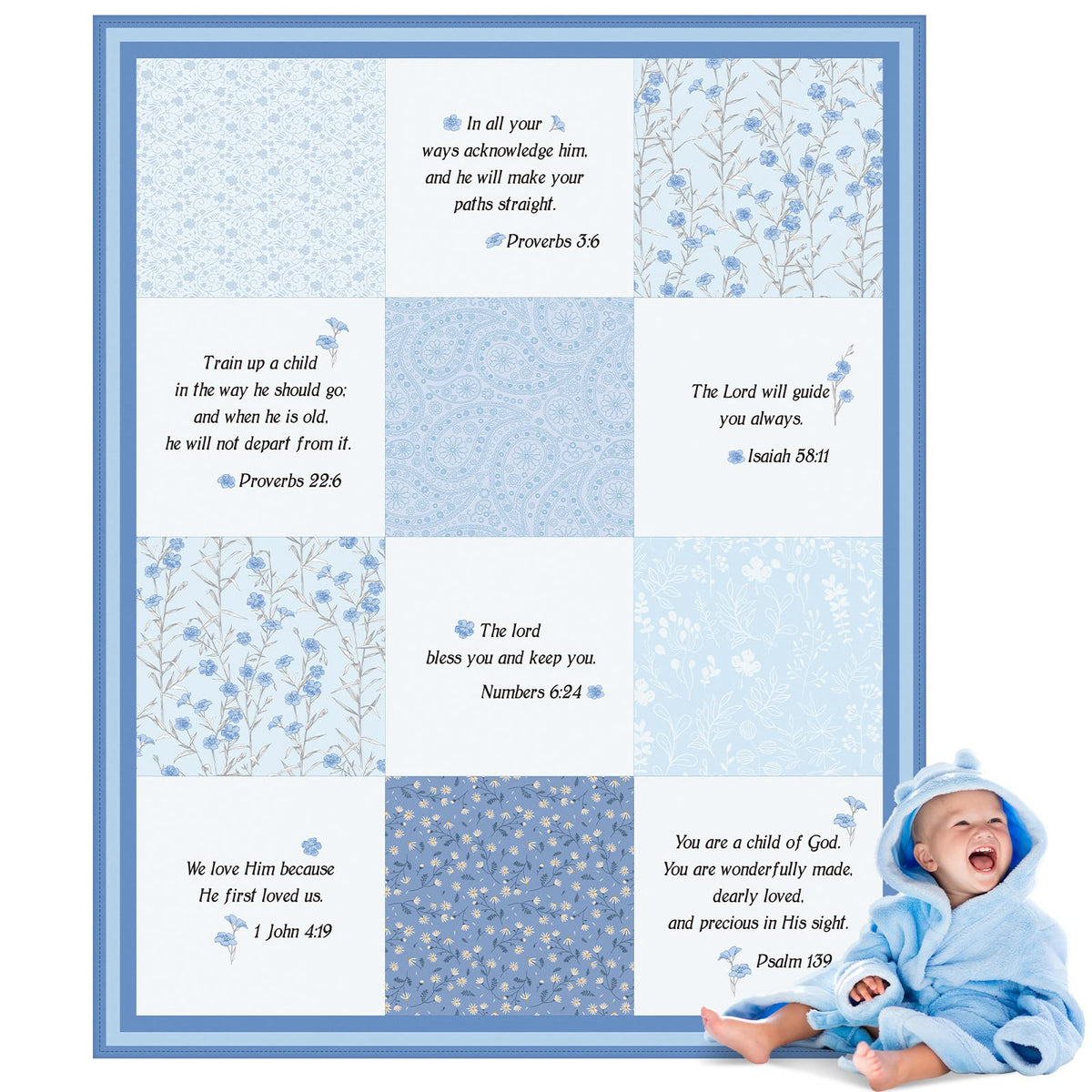 Oudain Bible verse blanket in blue flowers, cozy and breathable for baby.