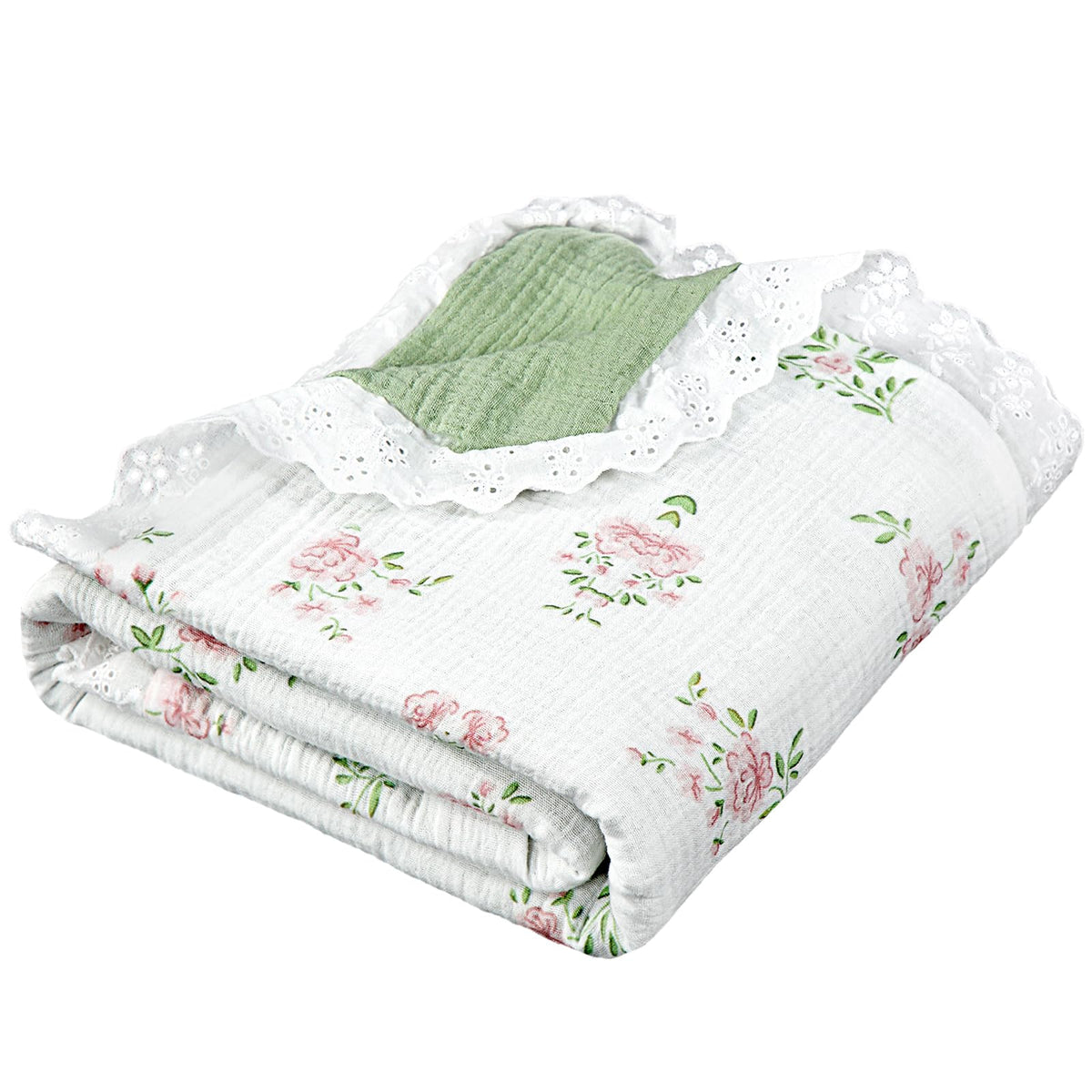 Oudain Flounce Muslin Blanket green side, breathable baby blanket for naps and cuddles.