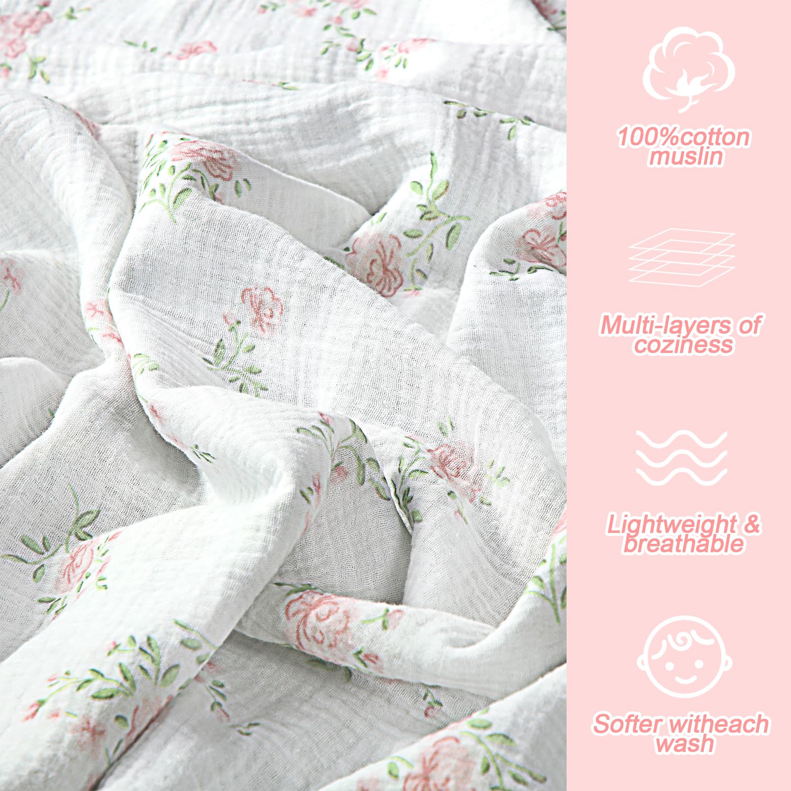 Oudain Muslin Blanket with floral lace trim, delicate edging for crib or car seat.
