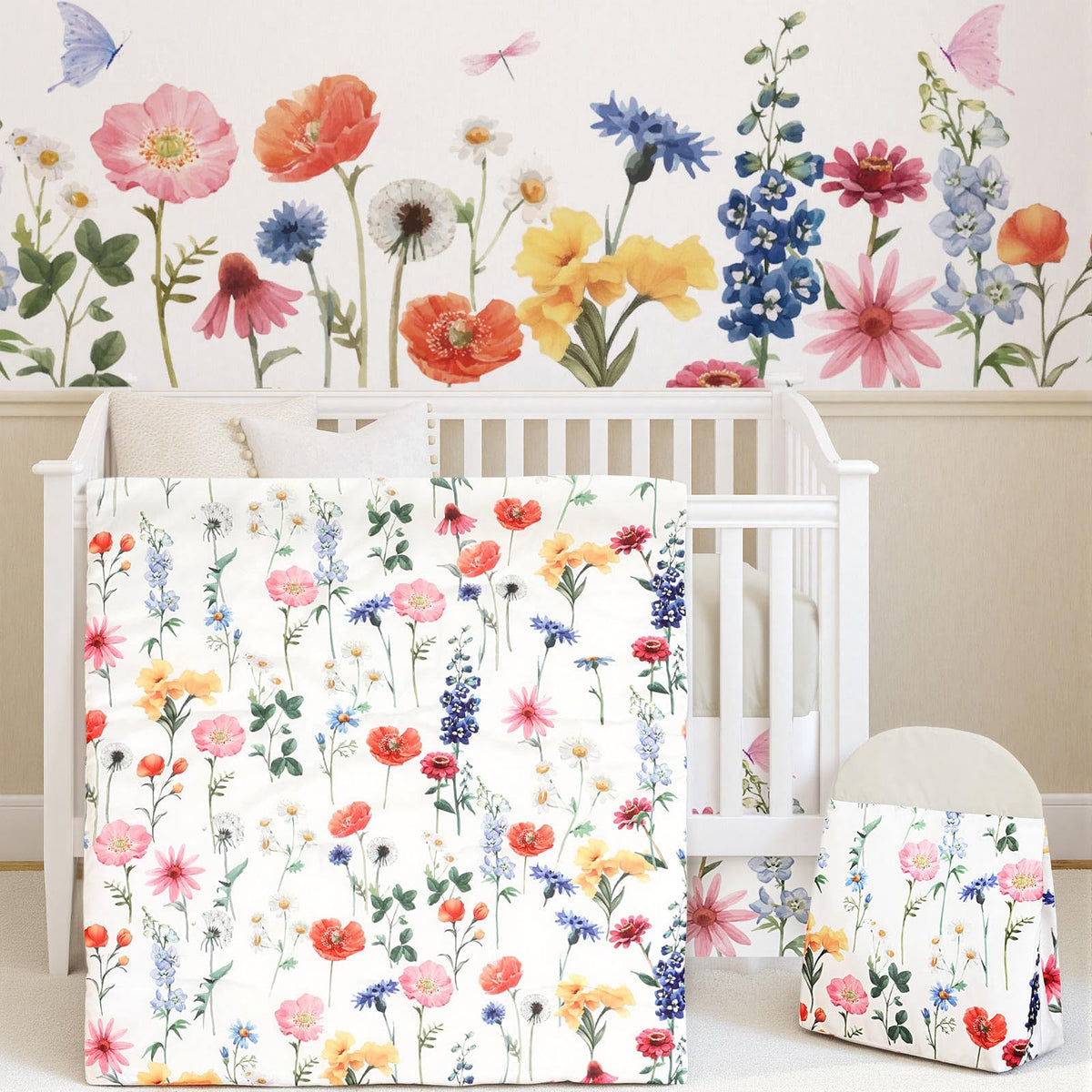 Oudain Spring Flower crib skirt adds cohesive decor to the nursery.