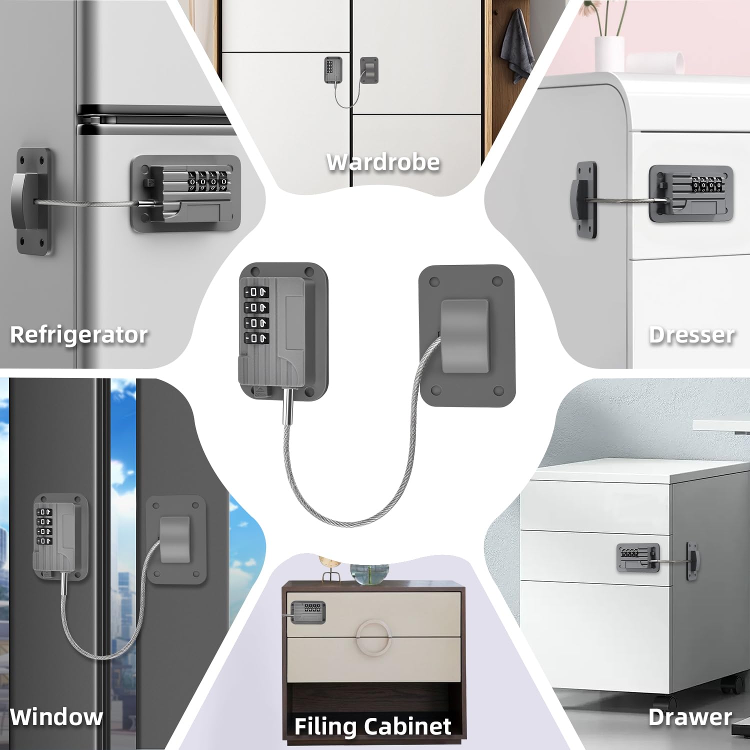 Ougourim lock offers versatile use across fridge, drawers, windows, and cabinets.