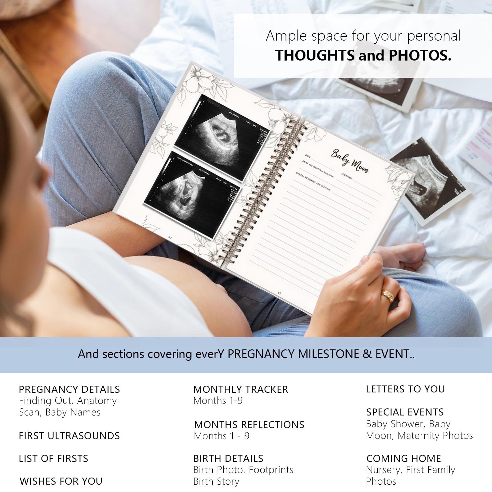 Ouhiam Pregnancy Journal photo spaces, accommodates 4x6 and 4x4 prints.