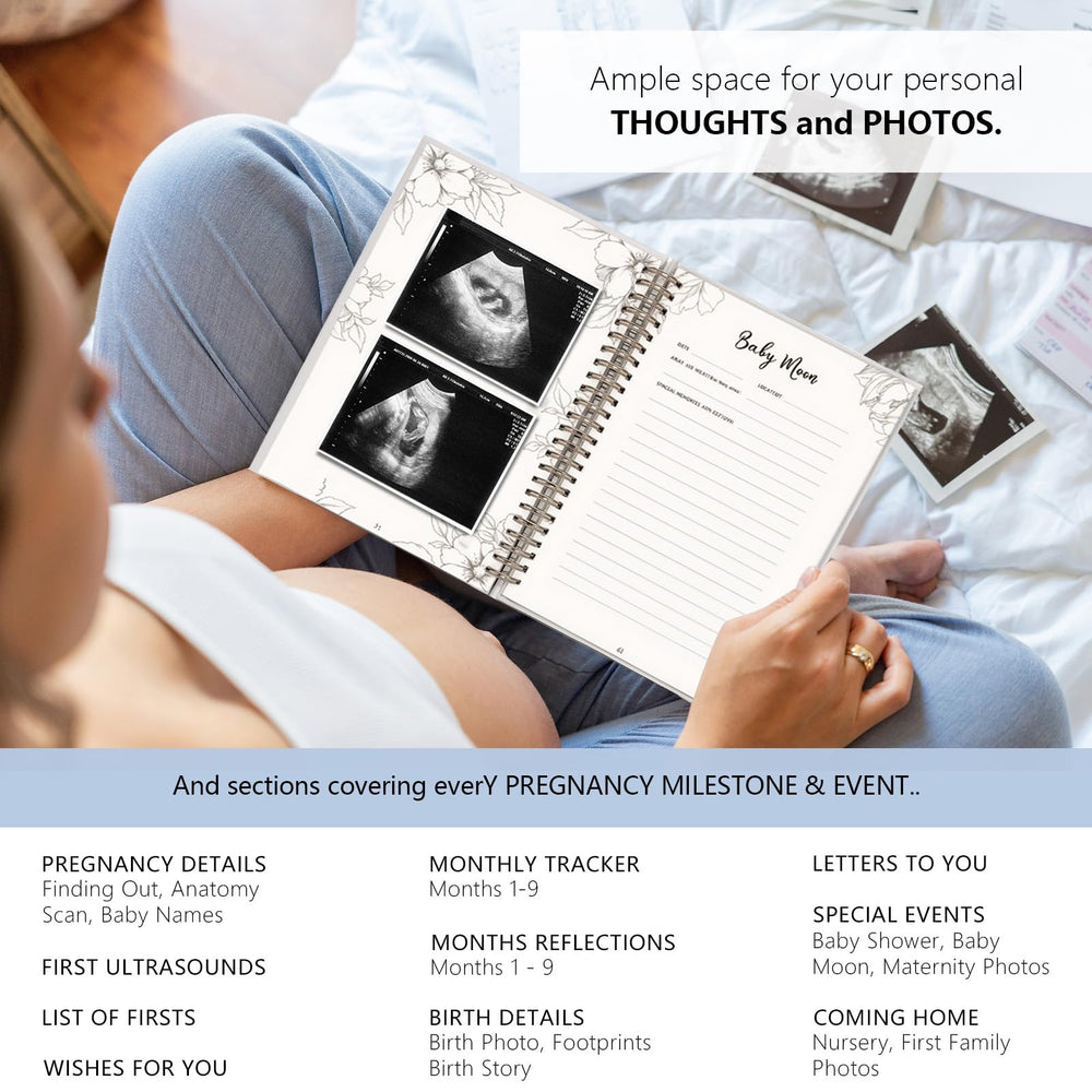 Ouhiam Pregnancy Journal photo spaces, accommodates 4x6 and 4x4 prints.