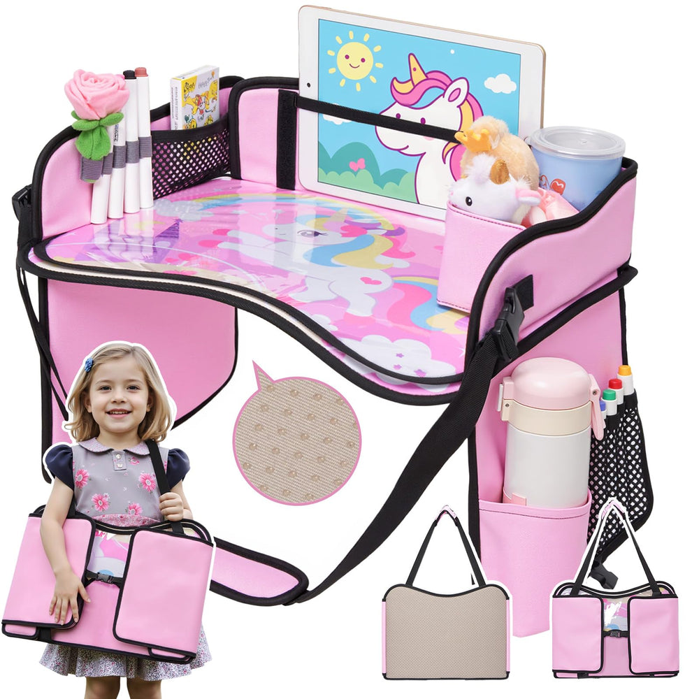 OUOZZZ Kids Travel Tray, front view, compact design for car journeys.