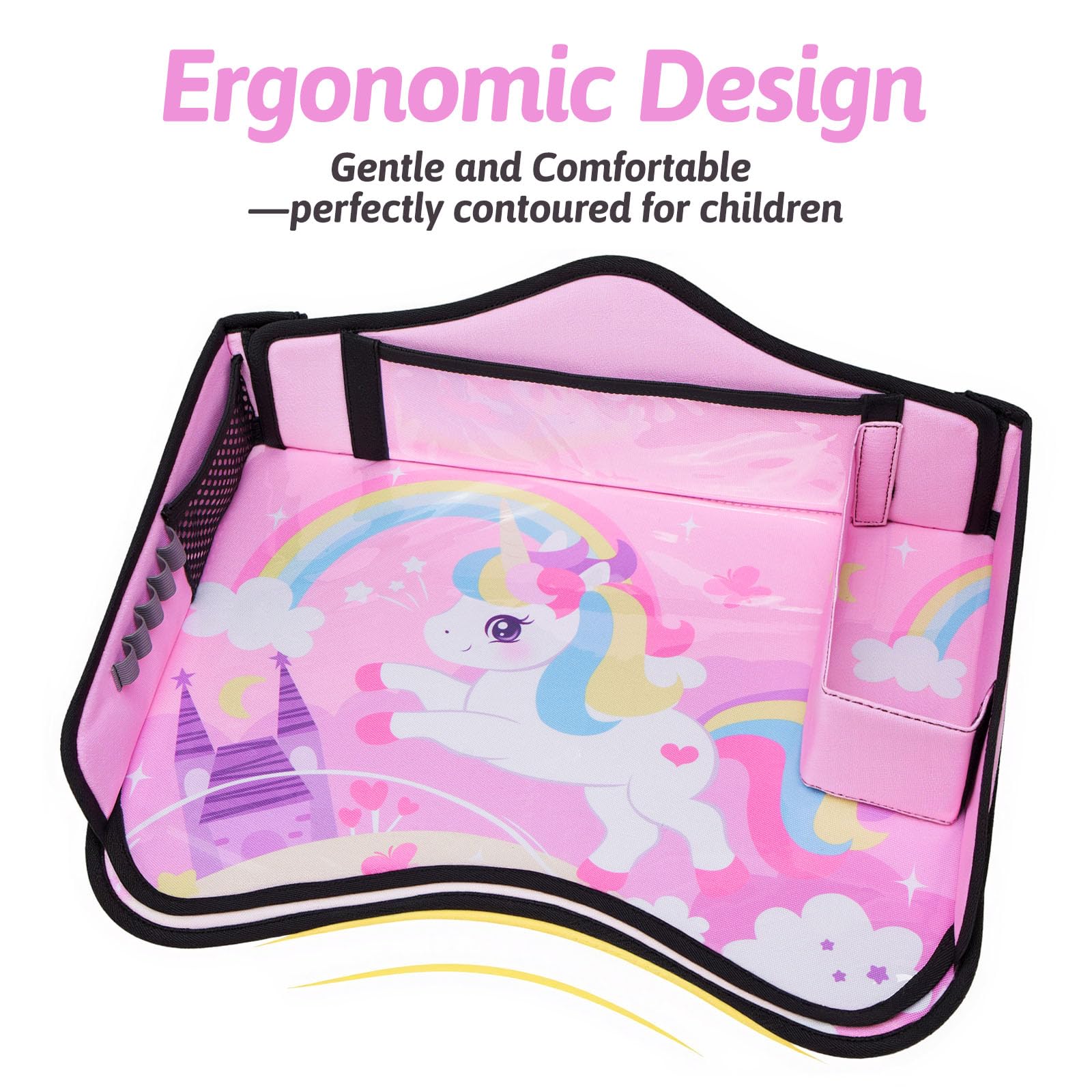 OUOZZZ Kids Travel Tray, headrest strap attached for stability.