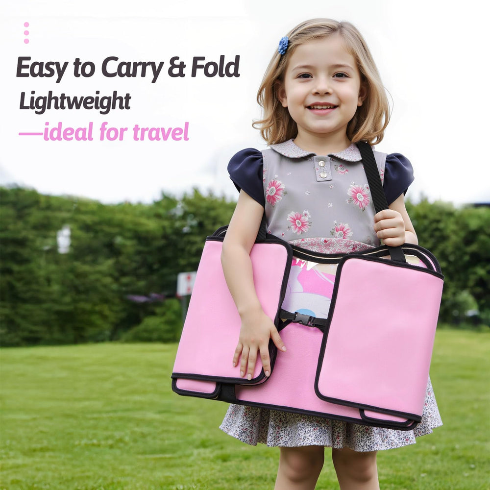 OUOZZZ Kids Travel Tray, multiple pockets for devices and snacks.