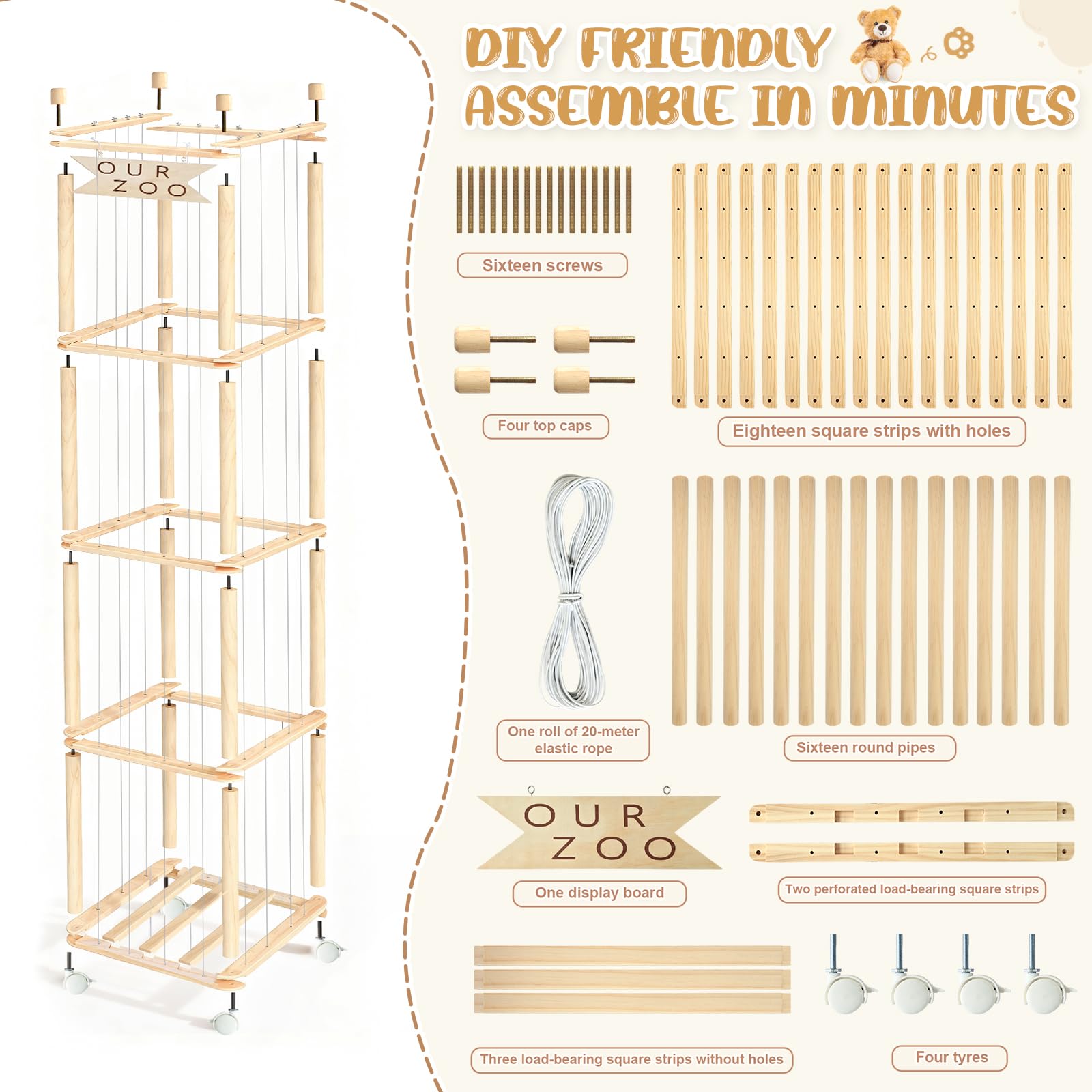 OurWarm organizer uses white bungee cords to securely hold plush toys in place.