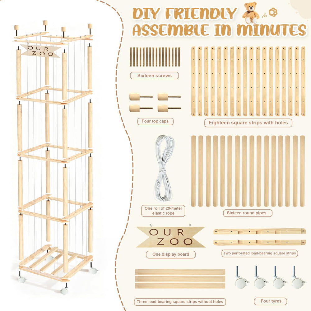 OurWarm organizer uses white bungee cords to securely hold plush toys in place.
