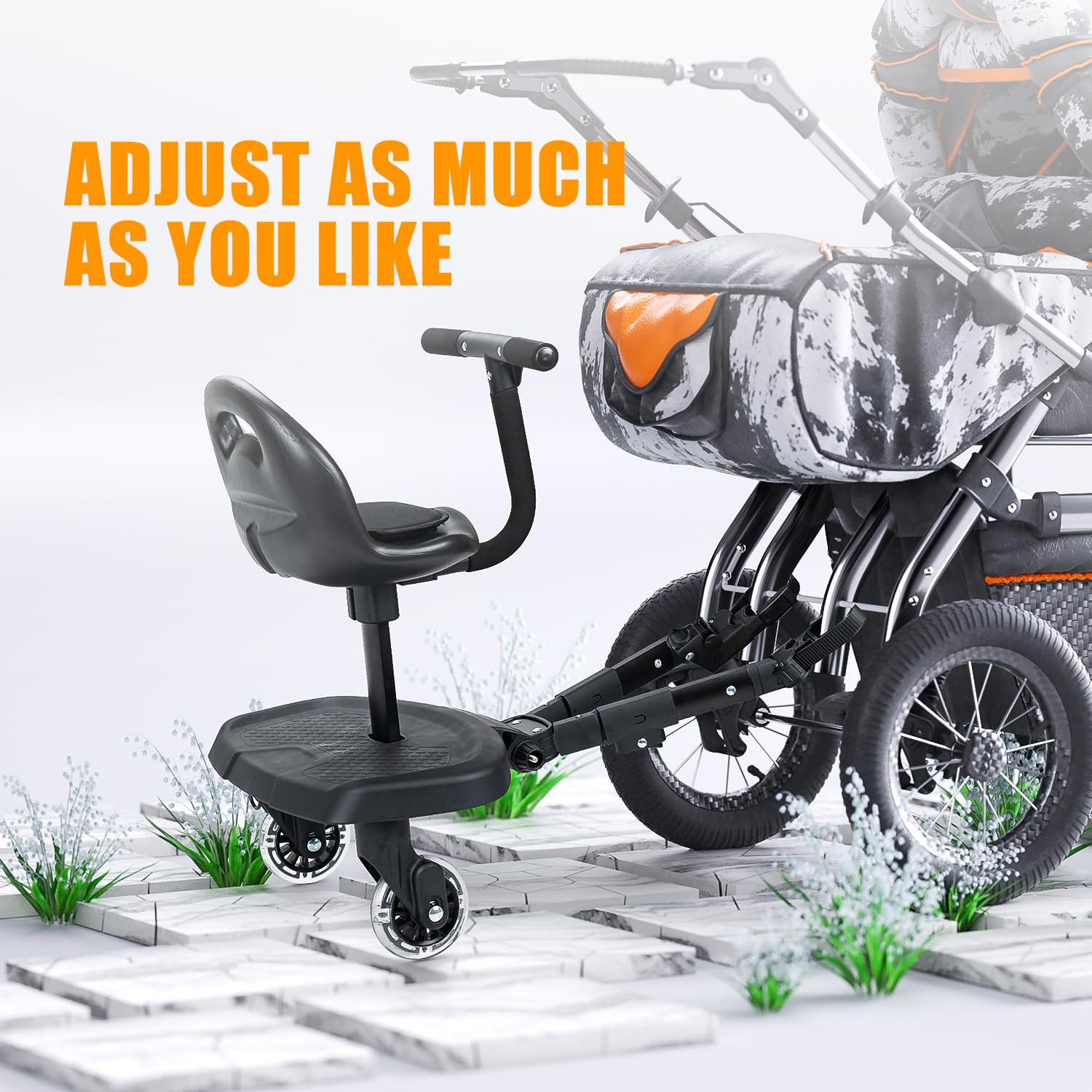 OUSEXI stroller board standing platform shown for safe walking during trips