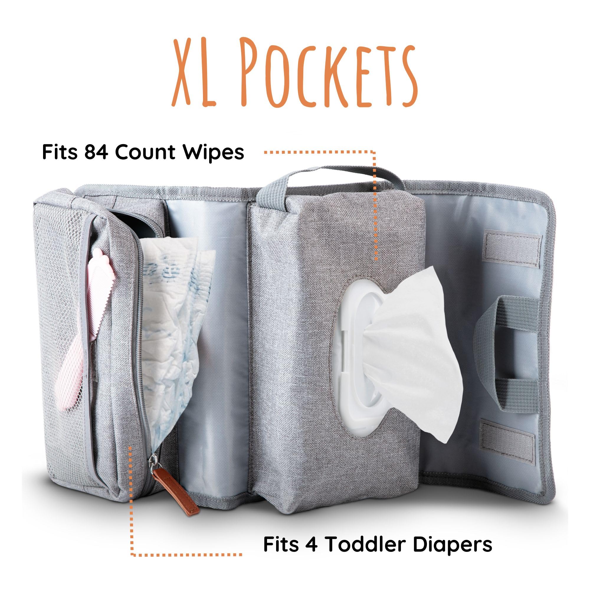 Outbound Basics spacious pockets fitting four diapers and an 84 count wipe pack
