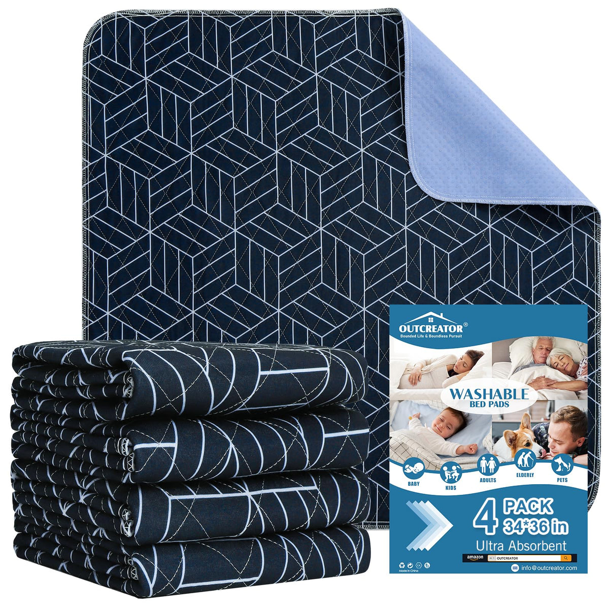 OUTCREATOR Washable Bed Pad 4-pack top view showing compact storage and soft surface.