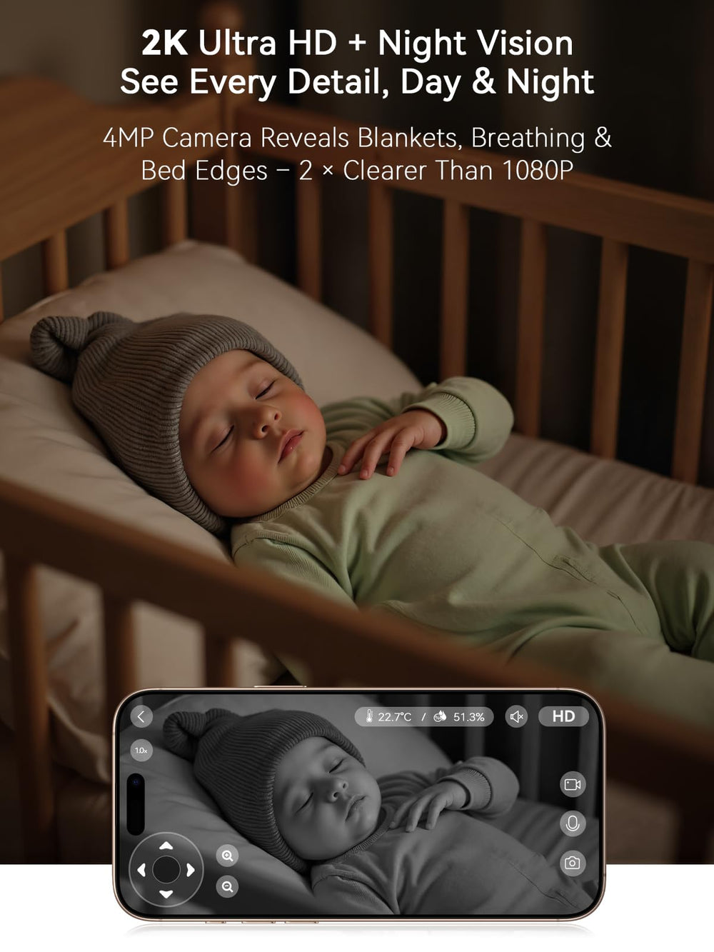 Outinput baby monitor 360° PTZ view with auto-track for hands-free watching.