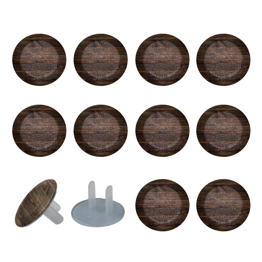 12-pack outlet covers for baby proofing in vintage brown wood.