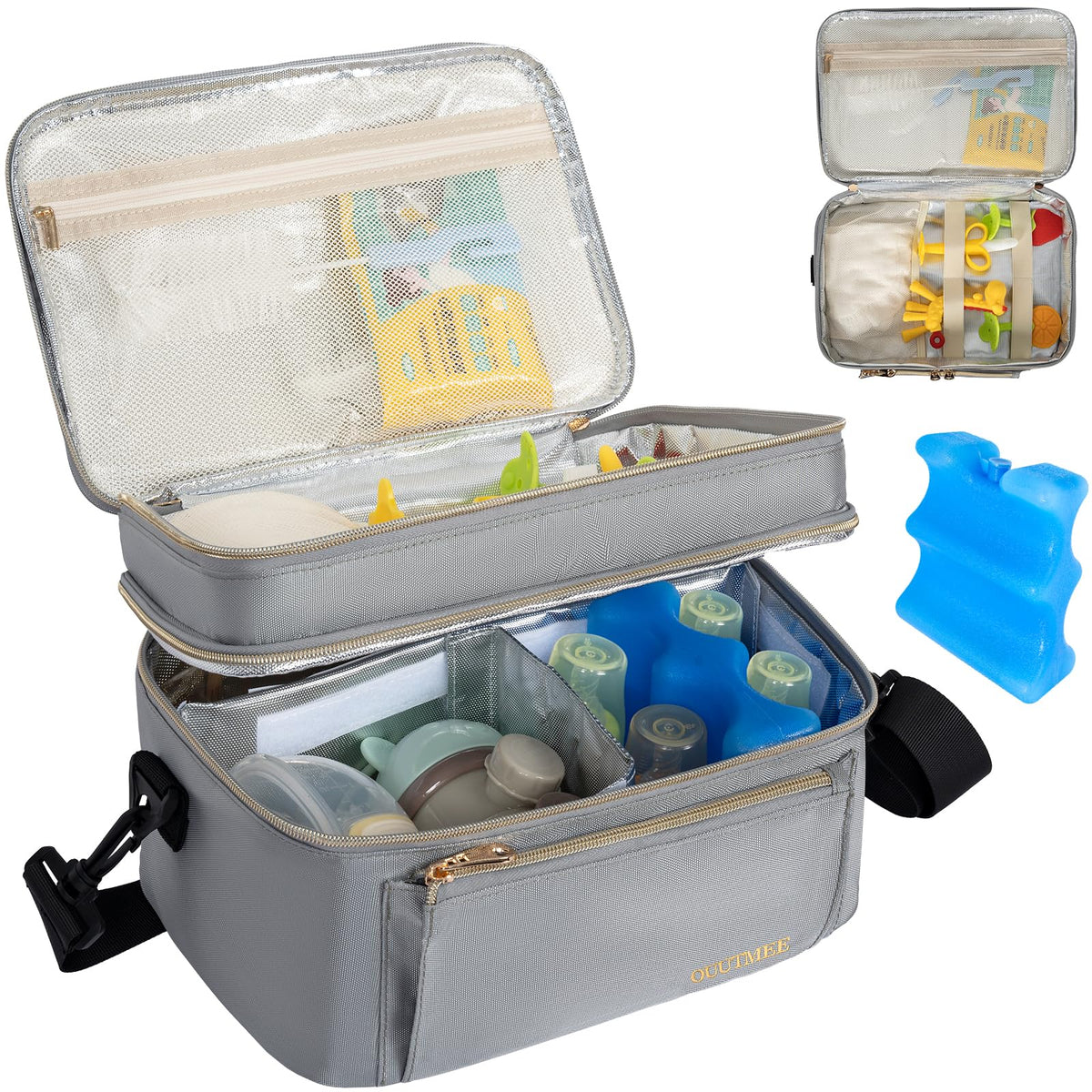 OUUTMEE wearable breast pump bag front view shows organized on-the-go gear