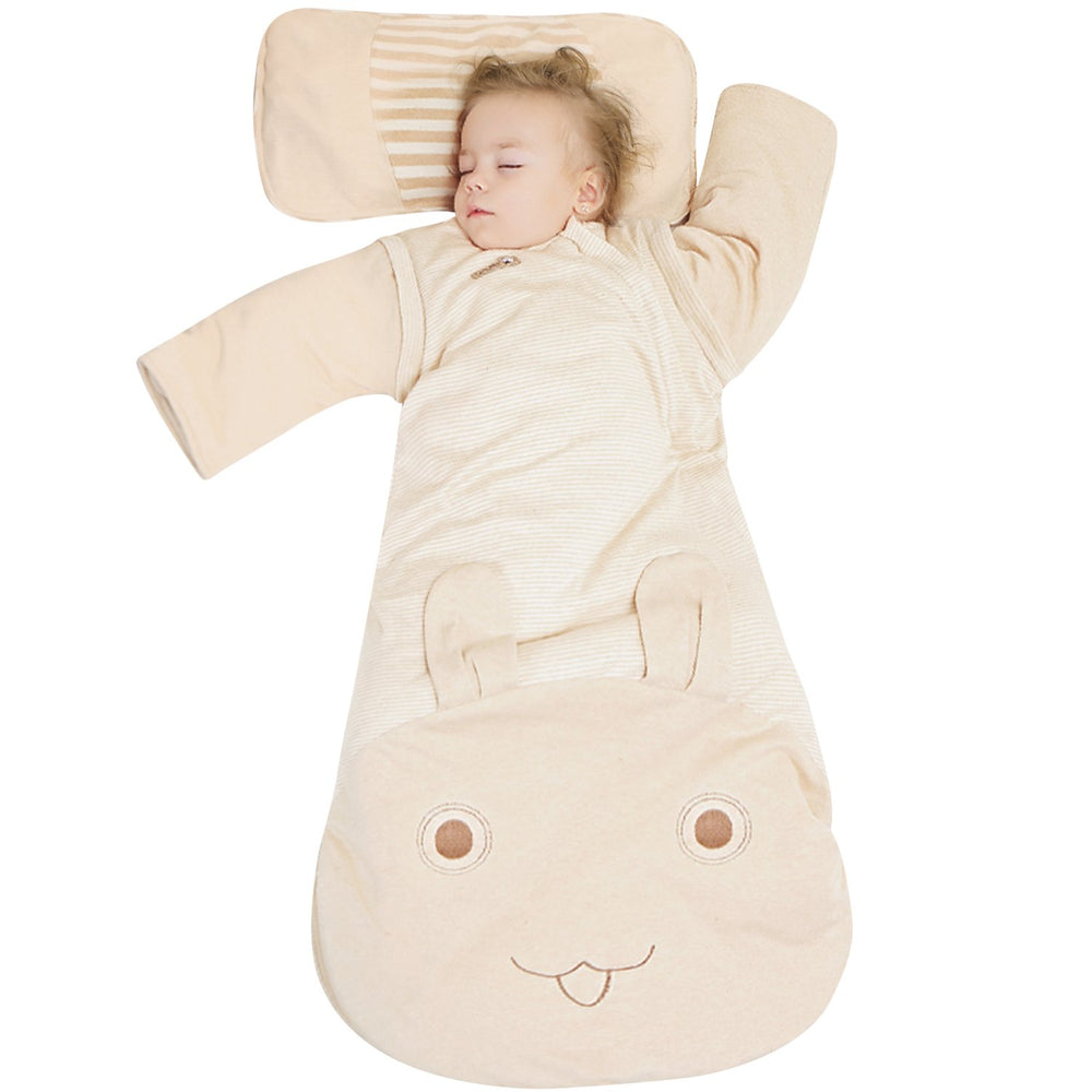 OuYun baby organic sleeping bag with detachable sleeves for adaptable warmth.