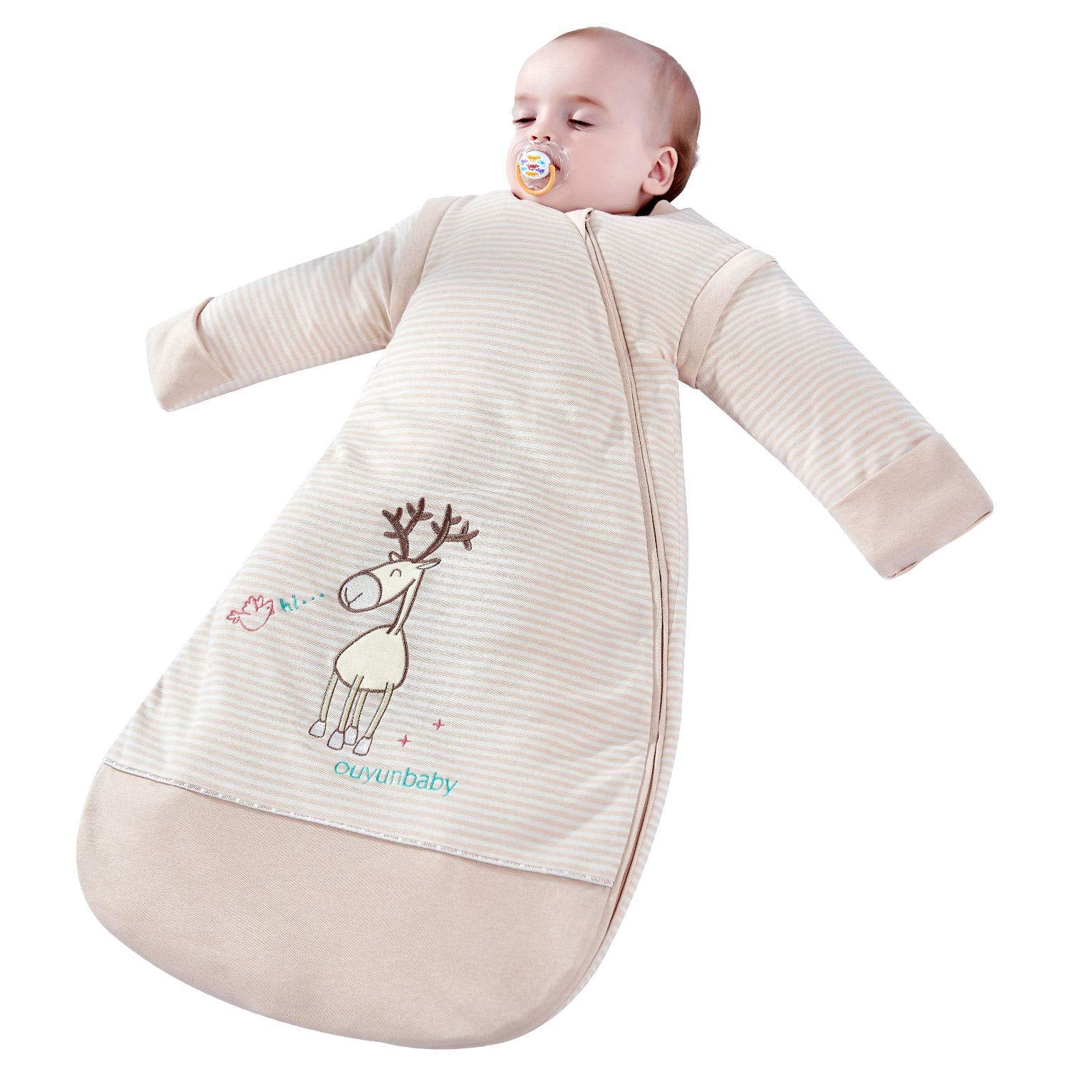 OuYun baby organic sleeping bag with detachable sleeves for adaptable autumn warmth.