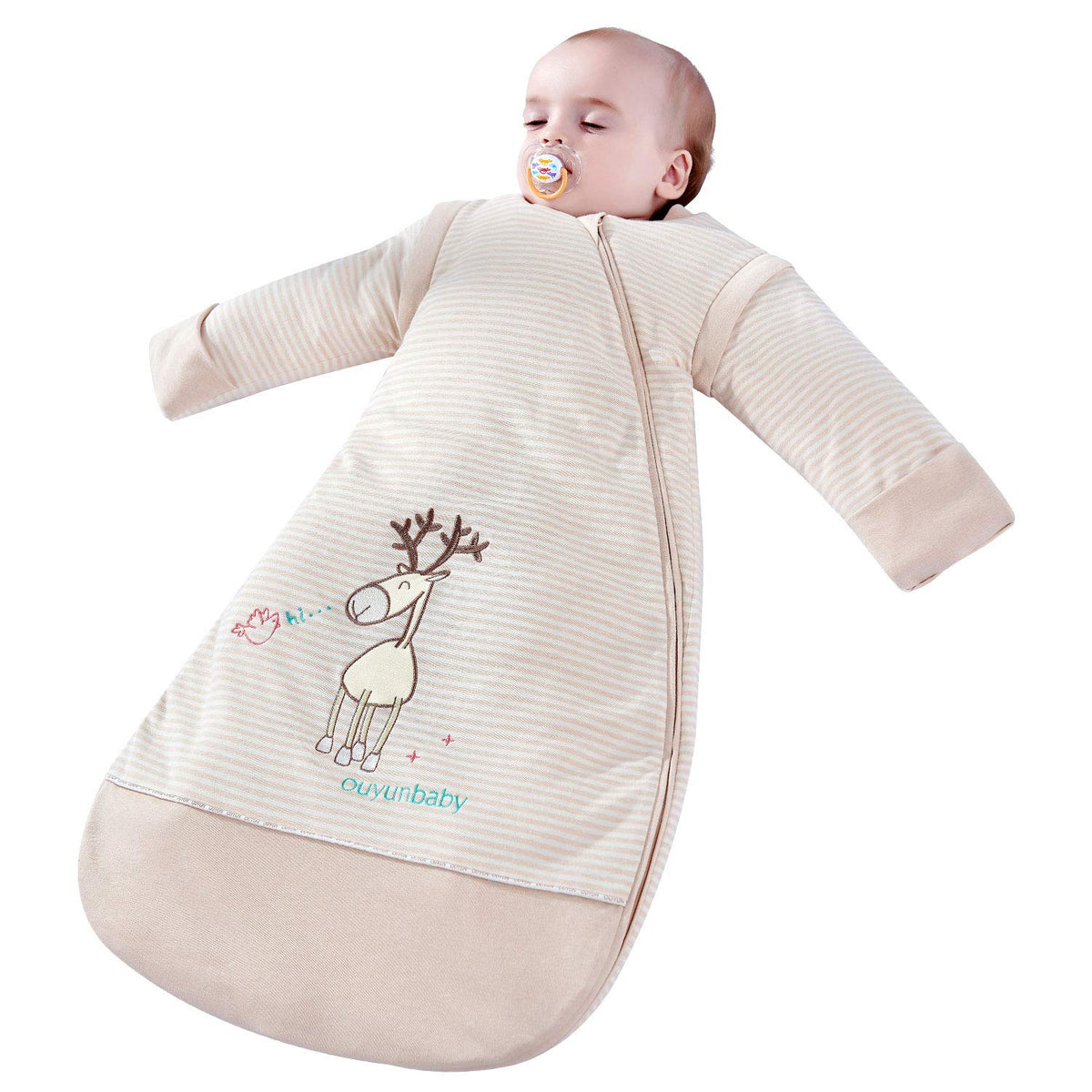 OuYun baby organic sleeping bag with detachable sleeves for adaptable autumn warmth.