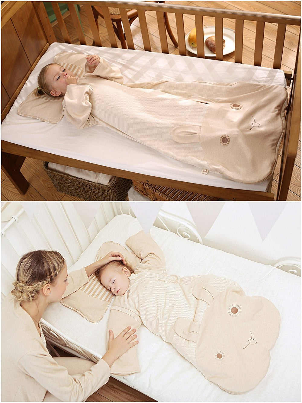 OuYun baby sleeping bag detachable sleeve design adapts to temperature.