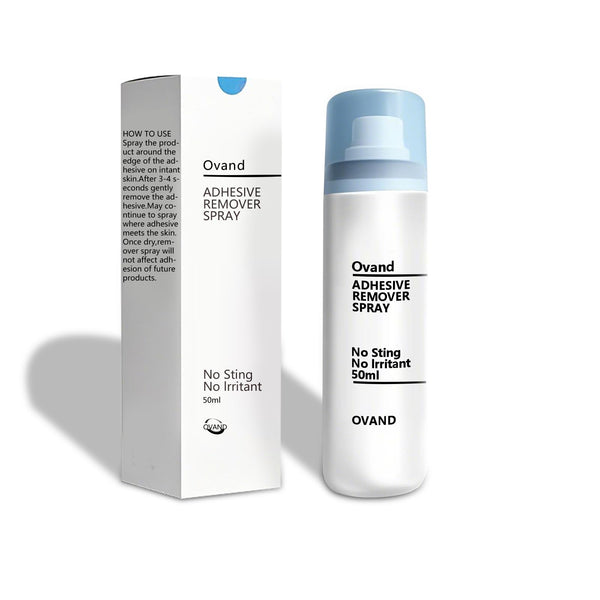 Ovand Adhesive Remover Spray bottle demonstrates painless removal for sensitive skin.