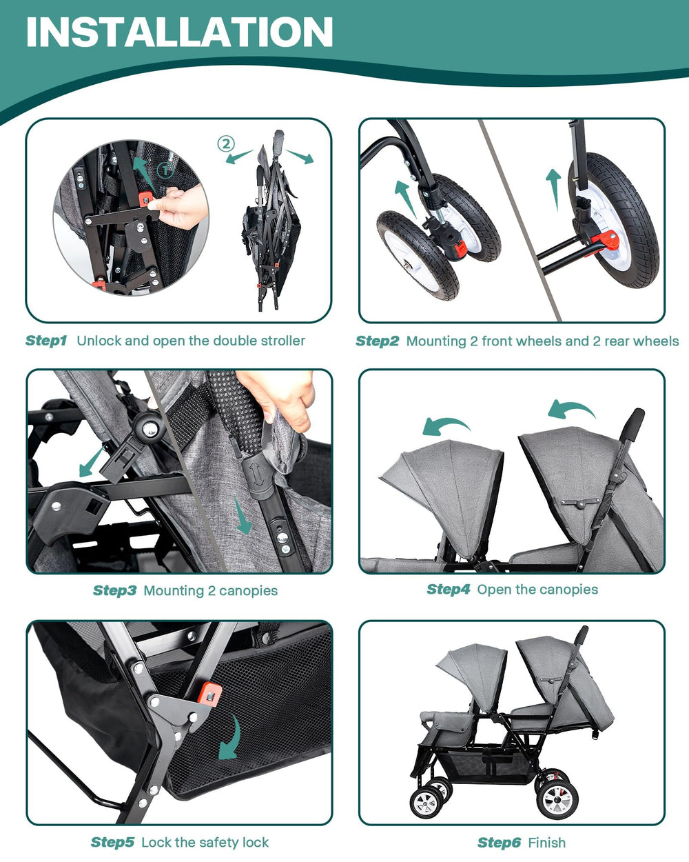 Adjustable backrests on the front seat of the OVERTANG stroller for comfort.