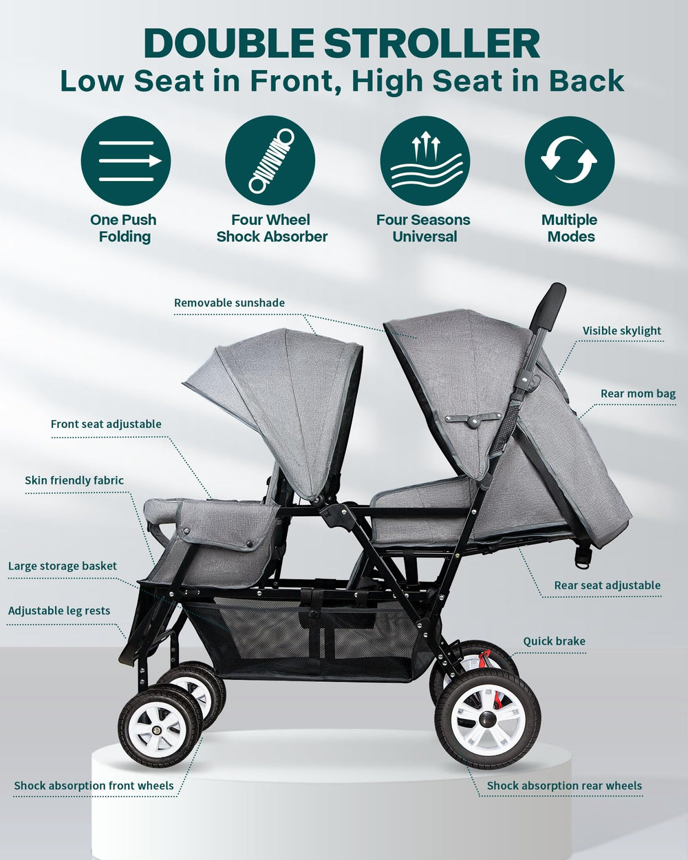 Five-point safety belt on the OVERTANG stroller keeps children secure.