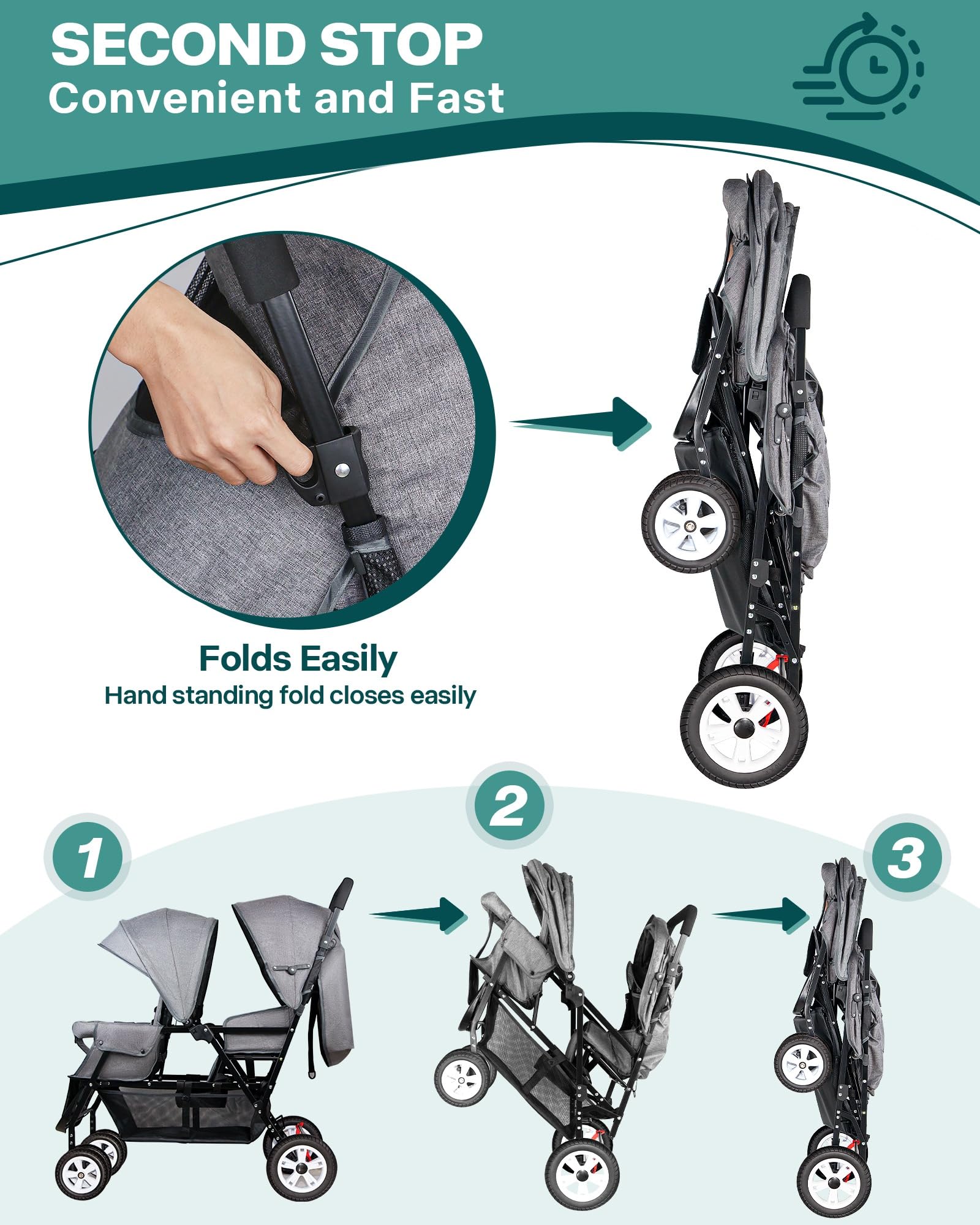 Large under-seat basket of the OVERTANG stroller for extra storage.