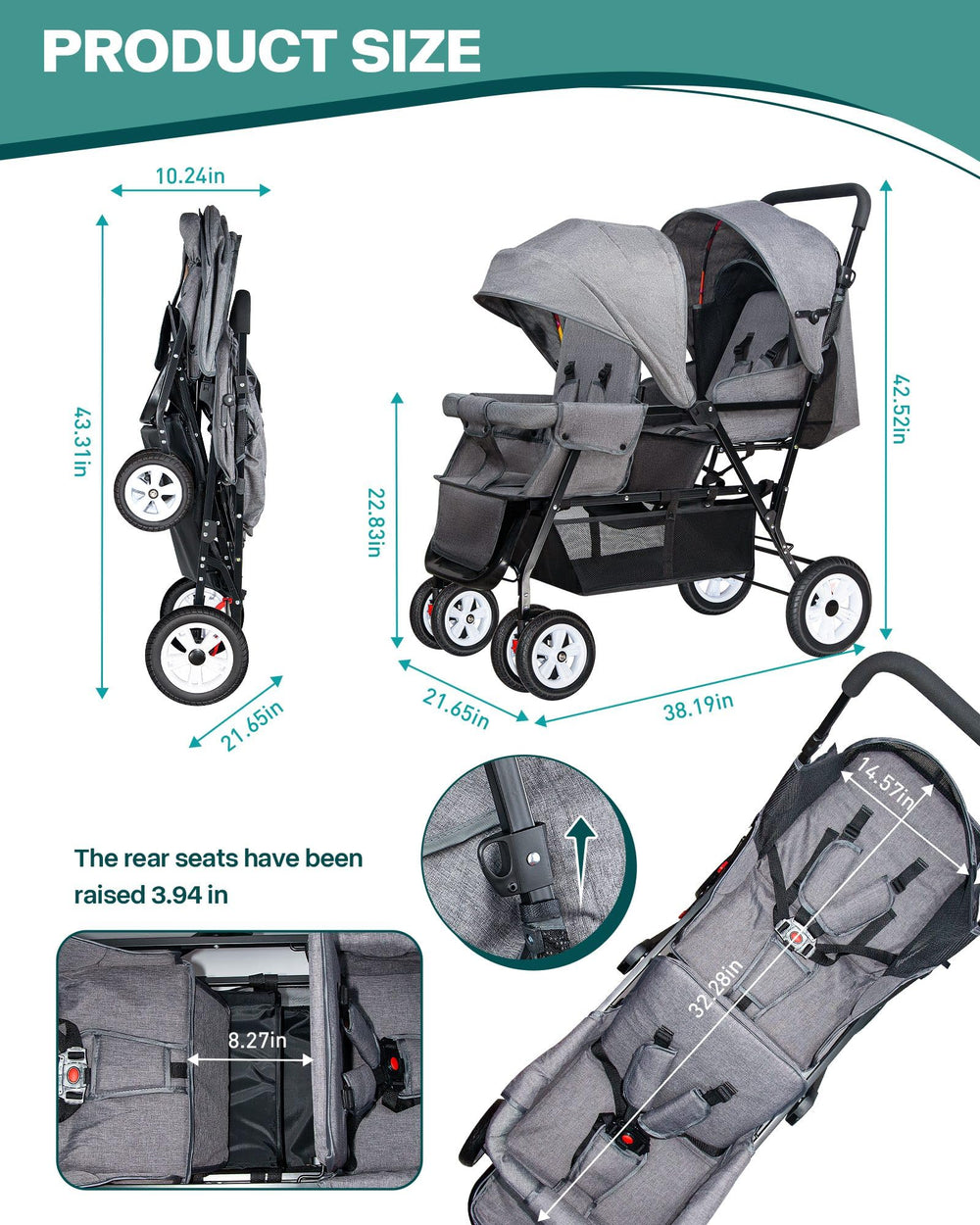Two independent awnings and recliner footrests in the OVERTANG tandem stroller.