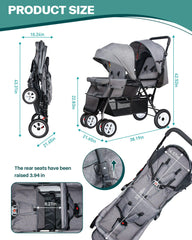 Two independent awnings and recliner footrests in the OVERTANG tandem stroller.