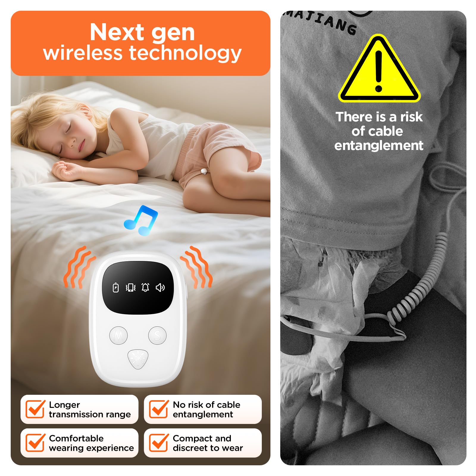 ovevve bedwetting alarm receiver on bedside table with adjustable volume