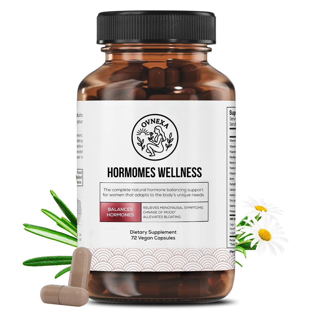 OVNEXA Happy Hormones bottle front may support natural hormonal balance.
