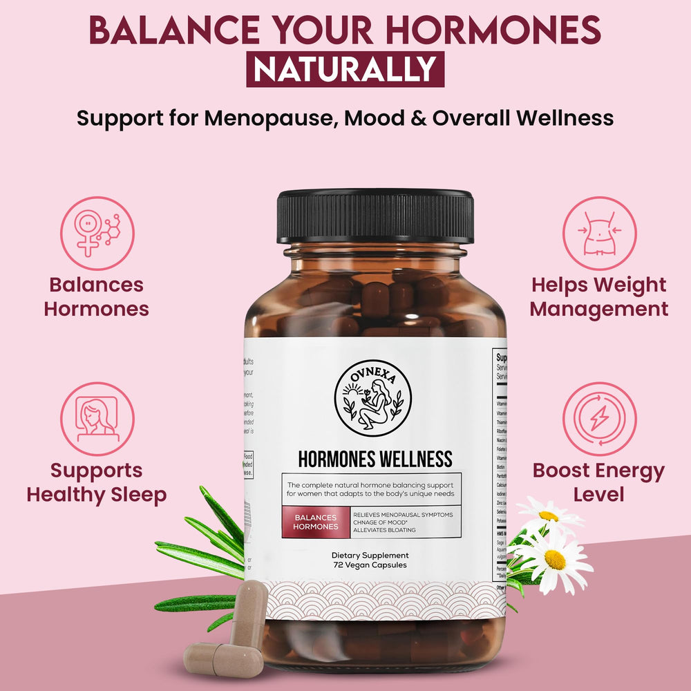 OVNEXA Happy Hormones capsules closeup highlights vegan capsules for menopause support.
