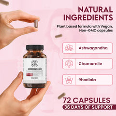 OVNEXA Happy Hormones glass bottle ingredients reveal the herbal blend for daily balance.