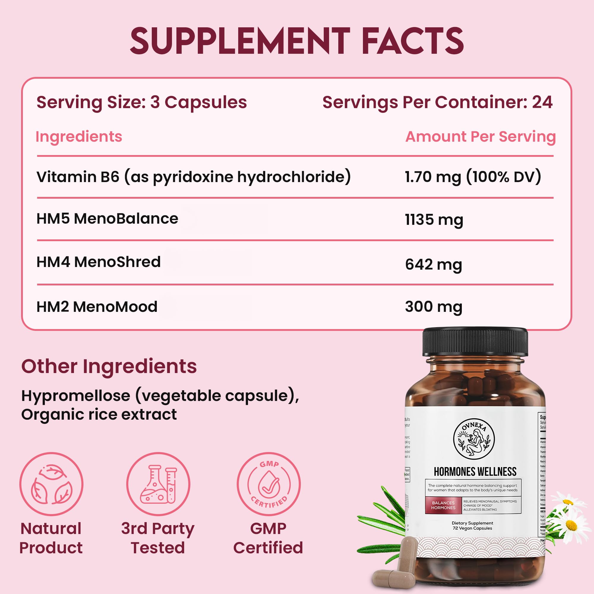 OVNEXA Happy Hormones label closeup emphasizes quality and USA GMP standards.